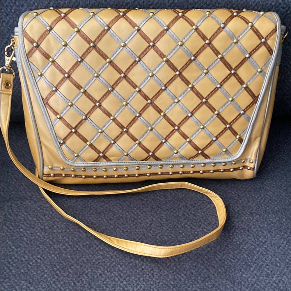 Yellow Quilted Crossbody or Clutch with Metallic Studs and Gold Trim.